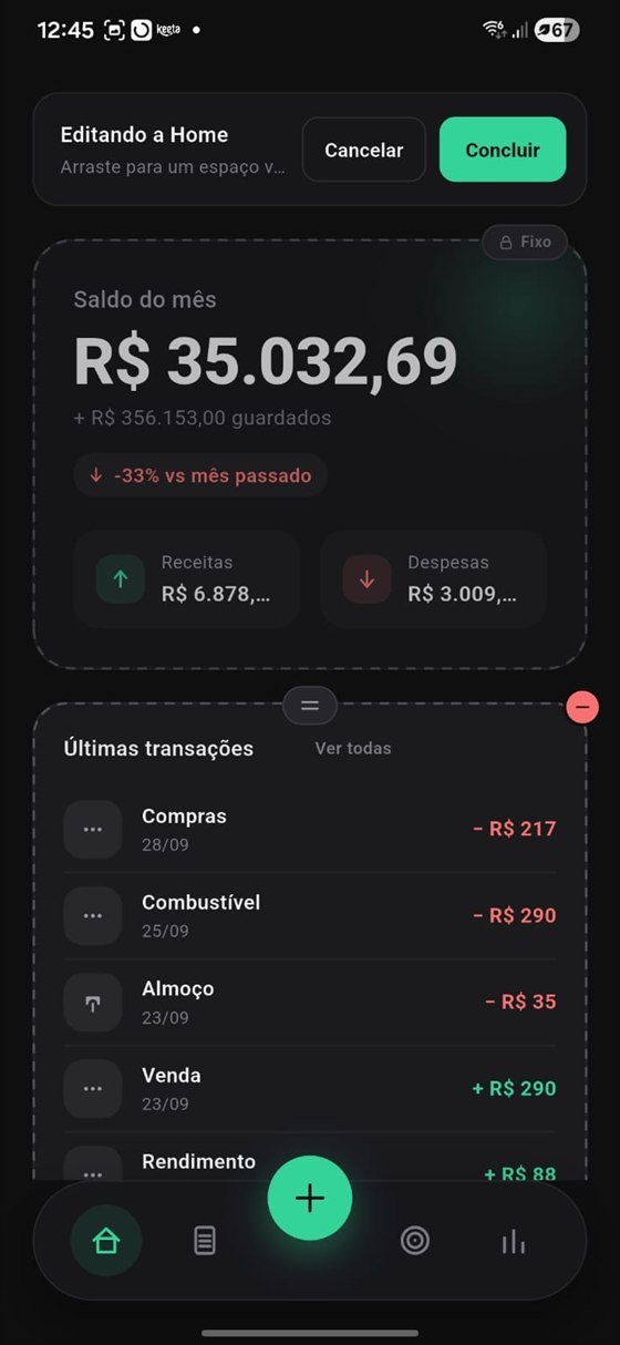 Modo de edição da home: cards com borda tracejada e alça de arrastar, o card de saldo marcado como fixo, e os botões Cancelar e Concluir no topo