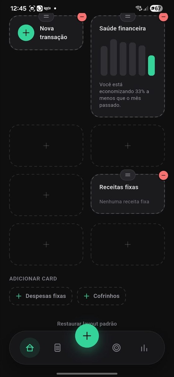 Grade de espaços vazios com Nova transação, Saúde financeira e Receitas fixas posicionados, a fileira Adicionar card com Despesas fixas e Cofrinhos, e a opção de restaurar o layout padrão
